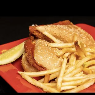 a chicken sandwich and french fries