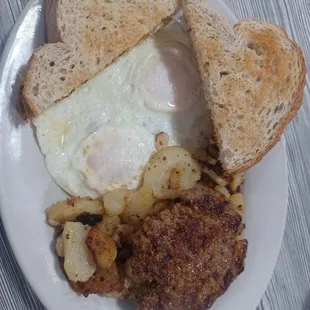 2 eggs, hot sausage, home fries and toast