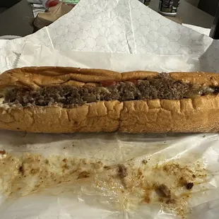 Whole Cheesesteak with Mayo, onions and peppers.