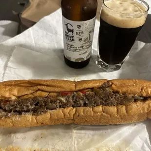 a sandwich and a beer