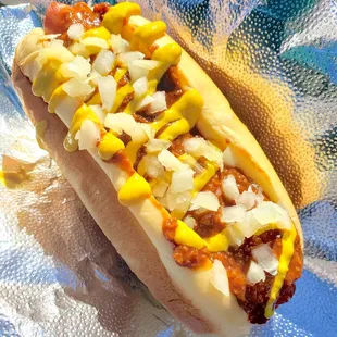 Coney Dog: Martin's Potato Roll, All-Beef Hot Dog, Chili, Chopped Onion, and Mustard
