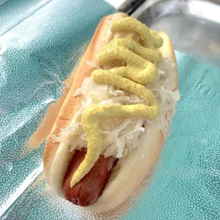 German Hot Dog: Martin's Potato Roll, All-Beef Hot Dog, Sauerkraut, and Spicy Brown Mustard