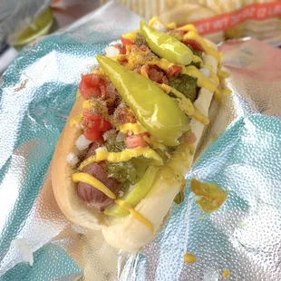 Chicago Hot Dog:  Martin's Potato Roll, All-Beef Hot Dog, Pickle, Sweet Relish, Tomato, Chopped Onions, Mustard, Celery Salt, Sport Peppers