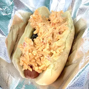 Lowcountry Hot Dog: Martin's Potato Roll, All-Beef Hot Dog, Pepper Jelly, and Pimento Cheese