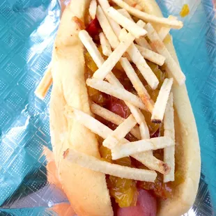 Simply Southern Hot Dog: Martin's Potato Roll, All-Beef Hot Dog, Chow-Chow Sauce, Duke's Mayonnaise, and Potato Sticks