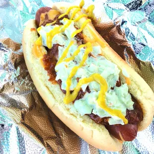Carolina Hot Dog: Martin's Potato Roll, All-Beef Hot Dog, Munster Cheese, Chili, Coleslaw, and Mustard