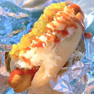 Cabbage Patch Hot Dog with a Veggie/Vegan Dog: Martin's Potato Roll, Veggie Dog, Sauerkraut, Sweet Relish, and Ketchup