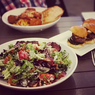 Steak and blue salad, cheeseburger sliders and fettuccine and smoked meatballs