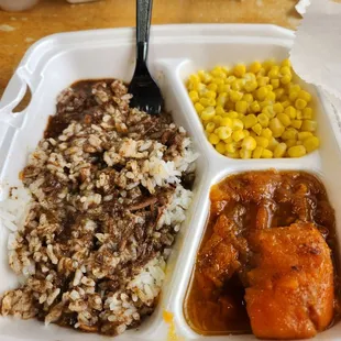 Rice and gravy, yams, corn