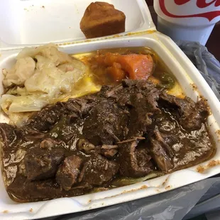 Pepper Steak over rice, yams, cabbage, cornbread with sweet tea. DELICIOUS!!