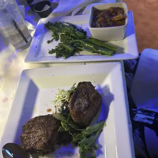 Steak, yams, and baby broccoli