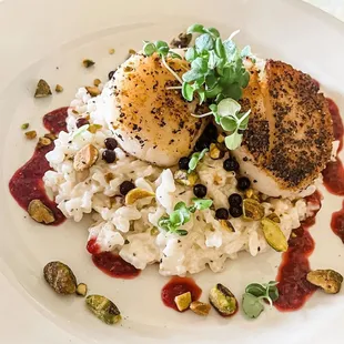 *special entree* Pan seared scallops with goat cheese risotto balsamic pearls, pistachios &amp; raspberry coulis.