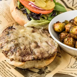 Bistro Burger with Jack Cheese and Balsamic Brussel Sprouts