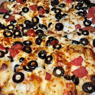Medium sized pan crust with diced tomatoes &amp; extra olives.