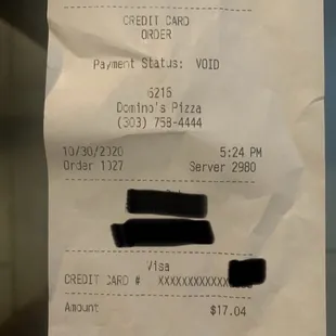 the receipt for the pizza