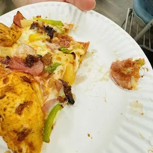 a slice of pizza on a paper plate