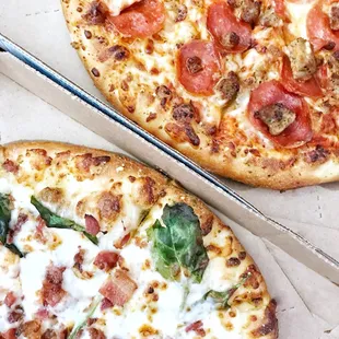 Bacon + Spinach and Pepperoni + Italian Sausage