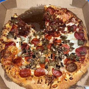 Large 3 topping: pepperoni, sausage, mushroom half, bacon half