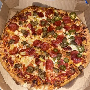 Large 3 topping: pepperoni, sausage, half pineapple, half jalapeño $7.99