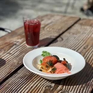 a plate of food on a wooden table