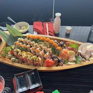 This is the party boat, we picked 4 special rolls then the chef selected sashimi to complete the boat!