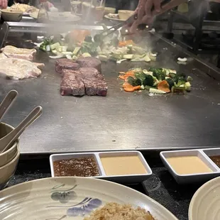 Chicken,vegetables, filiminon steak, and chicken
