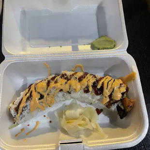 Eel roll with added spicy mayo and eel sauce. Delicious fresh eel still warm from cooking- delicious.