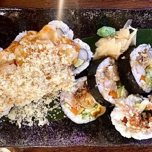 Spicy scallop roll (l) and spider roll (r)