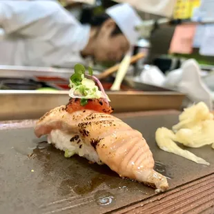 Seared King Salmon and Tomato, with microgreens