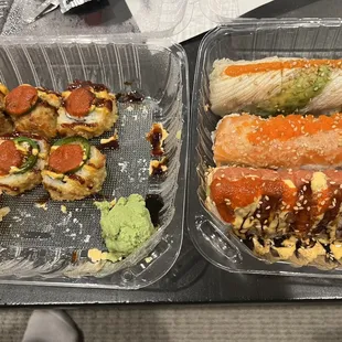 Left side - ring of fire roll  Right top - habanero Right middle -  Santeeiego  Right bottom - Hot Lips