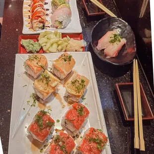 Top Plate: Hot Lips and Rainbow Roll - Bottom Plate: Hawaiian &amp; Spanish Roll - Small Plate: Hamachi Buri (yellowtail) Nigiri