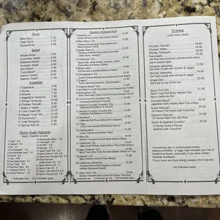 Front of menu