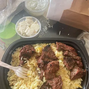 Steak Tip Dinner with Rice Pilaf and Potato Salad