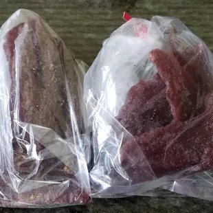 Pepper jerky on the left, Original jerky on the right