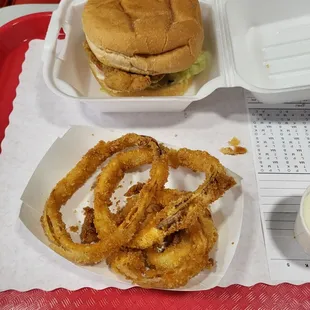 a burger and onion rings