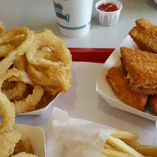 A Frenchie and onion rings, very good