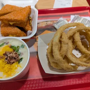 Onion Rings (Right), Cheese Frenchie (Top), Baked Potato Soup (Bottom)