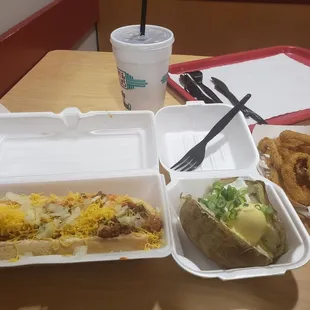 Chili dog and baked potato