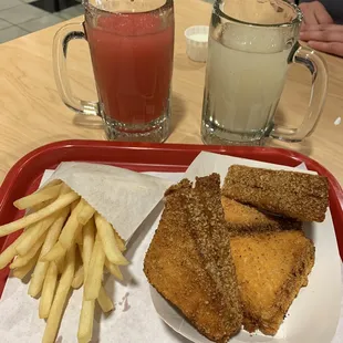 Strawberry margarita with sugar rim, lime margarita with salt, fries and cheese frenchee!!!