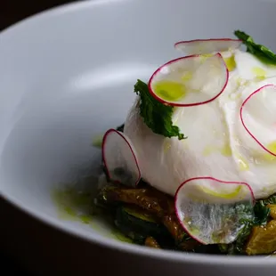 Burrata alla Scapece - fried and marinated zucchini with garlic, mint, white vinegar