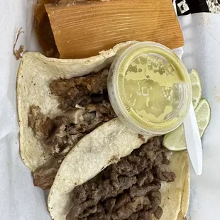 Tamale, taco Carnitas, taco Asada. All delicious!