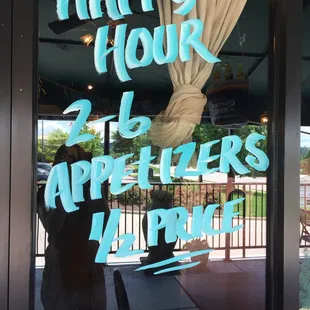 Happy Hour 2pm-6pm everyday!! And during that time appetizers are 1/2 off!