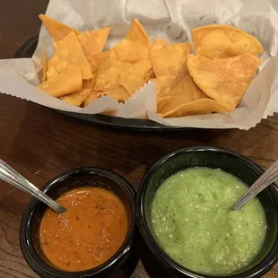 Red (Hot!) and Green (Not as Hot) sauces come with the Gratis Chips (we already ate a bunch).