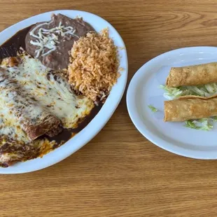 Enchiladas, Refried Beans, Rice, Taquitos