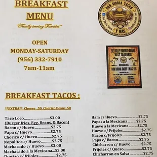 BREAKFAST MENU