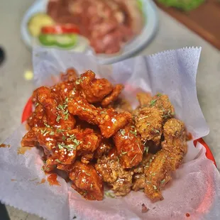 Half Soy Garlic/Half Spicy Korean Fried Chicken ($27)