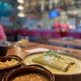 Enchiladas w charros beans &amp; chorizo Mac &amp; cheese