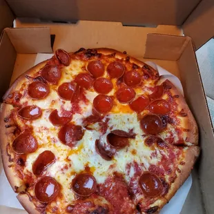 Small extra sauce and well done, pepperoni.  The cheese shifted because of the xtra sauce.