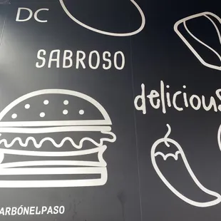 a blackboard with a variety of food items