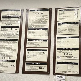 Current menu with prices